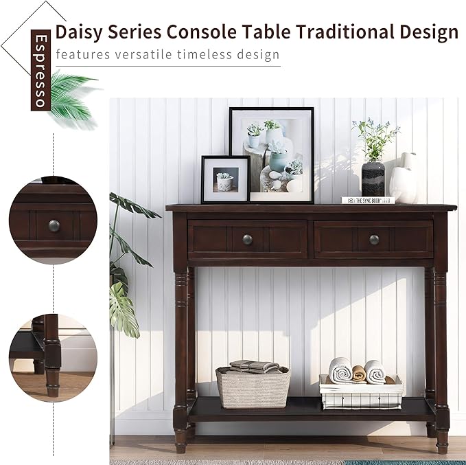 Bellemave Console Table with Drawers, Retro Entryway Table with 2 Drawers and Open Storage Shelf, Narrow Long Sofa Table, Behind Couch Table for Living Room, Foyer and Hallway,Espresso