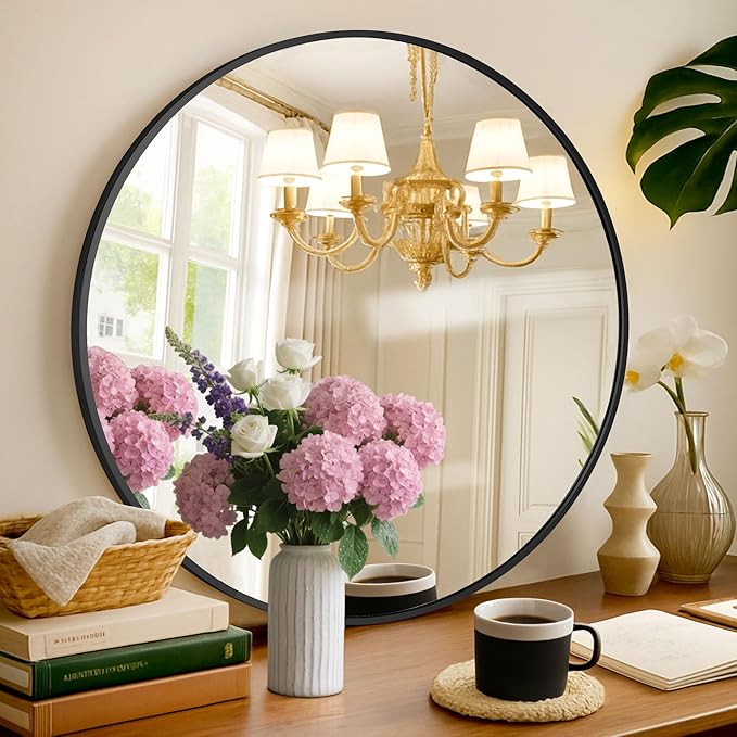 Circle Mirror, Black Round Mirror 20 Inch Round Bathroom Mirror Small Round Mirrors for Wall Decor Frosted Metal Frame Anti-Rust Tempered Glass Mirror for Bedroom Living Room Decorative