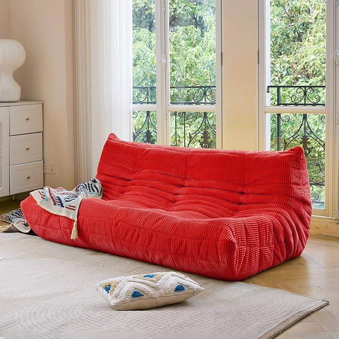 N&V Fireside Three Seater, Mid Century Armless Twin Size Floor Sofa, Soft Premium Corduroy Floor Lounge Chair, Foam Sofa Accent Chair for Living Room, Bedroom (Red)