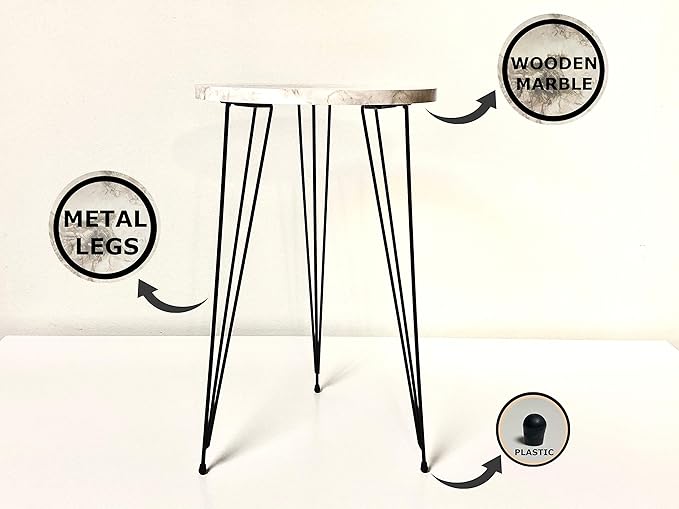 PAK HOME Set of 2 End Tables Round Wood Sofa Side Coffee Tables for Small Spaces, Nightstand Bedside Table with Metal Legs for Bedroom, Living Room, Office (Black Marble High Gloss/Silver Legs)