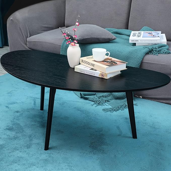 FIRMINANA Mid Century Modern Coffee Table, Oval Black Coffee Table for Living Room & Small Spaces, 47.3" W x 23.63" D x 17.72" H