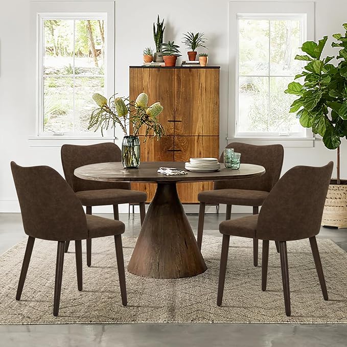 COLAMY Upholstered Dining Chairs Set of 2, Modern PU Leather Dining Room Kitchen Side Chair with Padded Seat and Wood Legs Restaurant/Cafe, Dark Brown