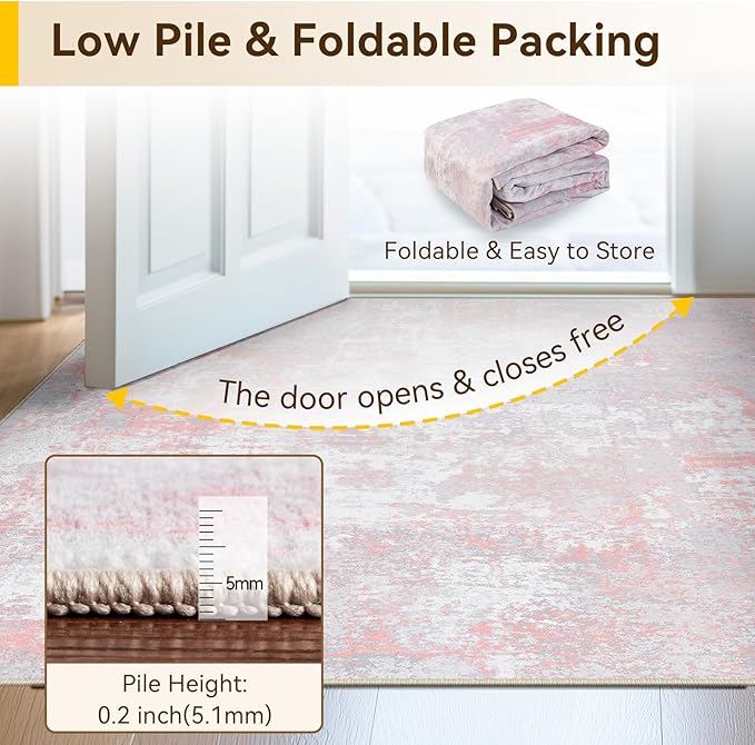Washable Area Rugs 5'x7' Non-Slip Modern Abstract Soft for Living Room Entryway Bedroom Nursery, Print Pattern, Grey Pink
