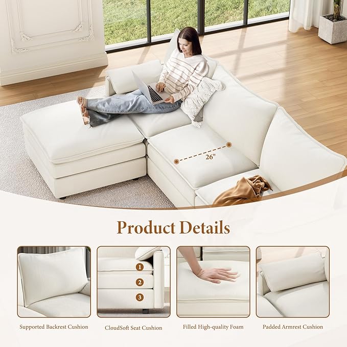 Vesgantti Large Modular Sectional Sofa, Big Comfy Cloud Couch with Ottoman Deep Seat Chenille Cloud Sofa, 8 Seater Large Sectional Couches for Living Room, Bedroom and Apartment, Snow White