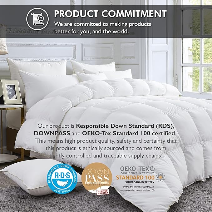 Luxurious White Solid Medium Weight, King Size Goose Feathers Down Comforter for All-Season Weather Duvet Insert, Premium Baffle Box, 100% Egyptian Cotton Cover, 65 oz. Fill Weight