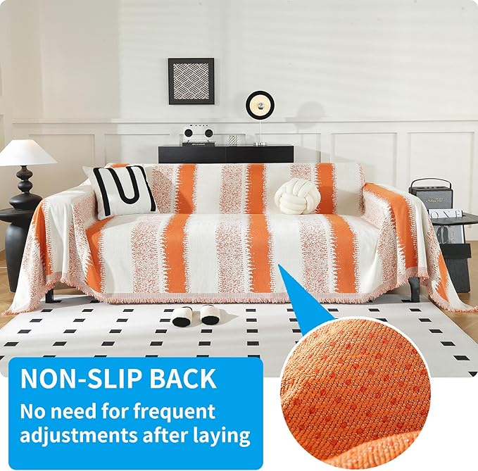 LUFEIJIASHI Boho Couch Covers for Sofa Non Slip Sofa Covers Washable Couch Covers for 3 Cushion Couch Sofa Pet Friendly Sectional Couch Cover Blanket Furniture Protector for Dogs (Orange, 91"x150")