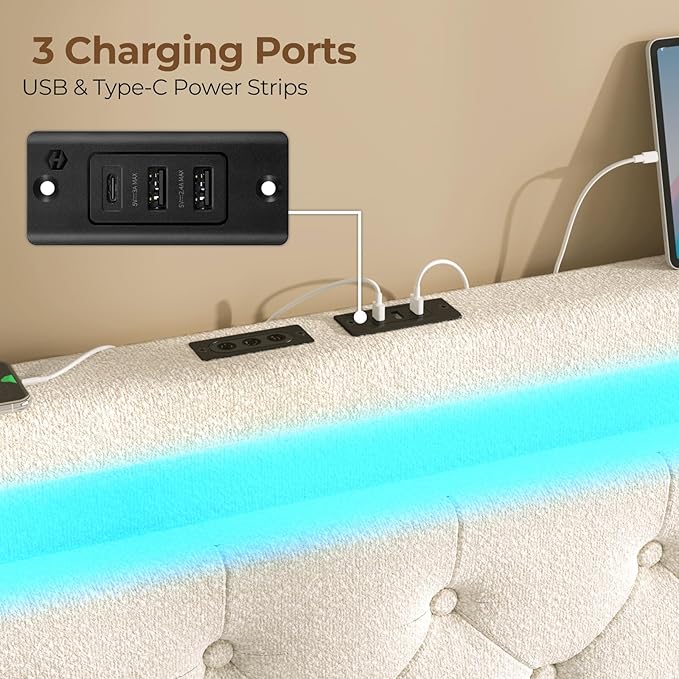Rolanstar Full Size Bed Frame with 4 Storage Drawers and Charging Station, Full Bed with Led Lights, 2 USB & 1 Type C, Adjustable Headboard 38.9/40.10 Inches, No Box Spring Needed, White