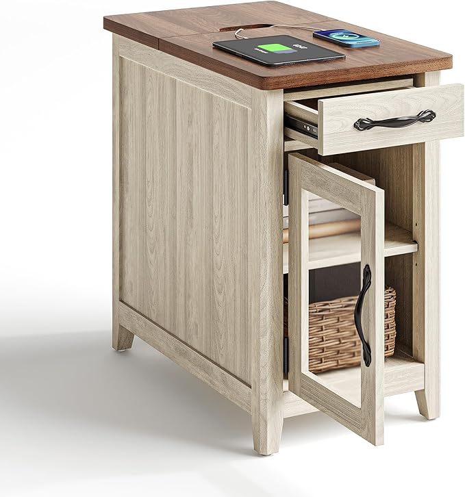 LINSY HOME Farmhouse End Table with Charging Station, Narrow Side Table for Living Room, Sofa Side Table with Drawer and Storage Cabinet, Small Nightstand for Home Office