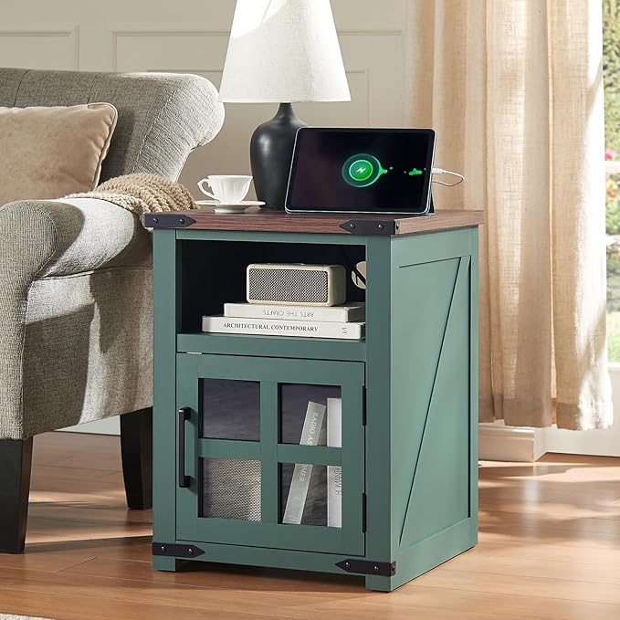 Farmhouse Nightstand with Charging Station, Rustic End Table with Tempered Glass Barn Door, Wood Sofa Side Bedside Table with Open Storage Shelf for Living Room, Bedroom, Green, 2 Pack