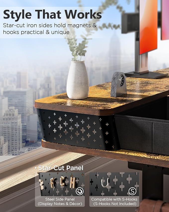40x24 Inch Standing Desk with Double Drawers,C-Clamp Mount Compatible,Electric Adjustable Height Computer Stand Up Desks, Home Office Sit Stand Table with 3 Preset Heights & Hooks, Rustic Brown