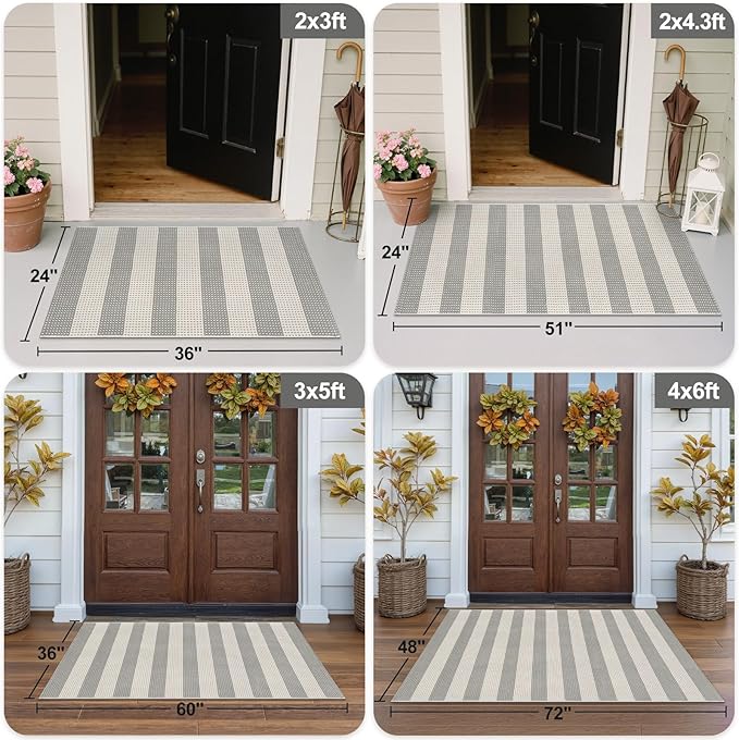 OJIA Indoor Outdoor Rugs 3'x5', Washable Area Rug Entryway Rugs Indoor Front Door Mats Striped Porch Rug Cotton Small Floor Carpet for Entry/Patio/Deck/Balcony/Bedroom/Living Room (Gray/White/Tan)