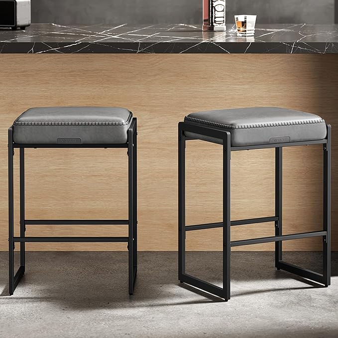 VASAGLE EKHO Collection - Bar Stools Set of 2, Counter Height Bar Stools, Synthetic Leather with Stitching, Mid-Century Modern Counter Stools, 26-Inch Tall, Kichen Home Bar Dining Room, Dove Gray