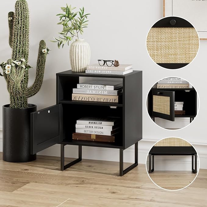 Masupu Rattan Nightstand,Modern Boho Farmhouse Wood Bedside Table with Storage Drawer and Open Shelf,Small Black Frame Side End Table for Bedroom,Living Room,Office (Black)