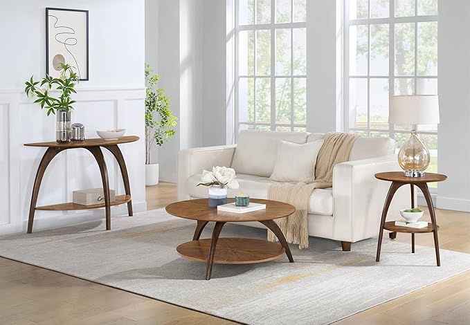 Martin Svensson Home LAX Two-Tone 48-Inch Caramel Brown Half-Moon Wood Sofa Console Table with Walnut Legs and Shelf Storage