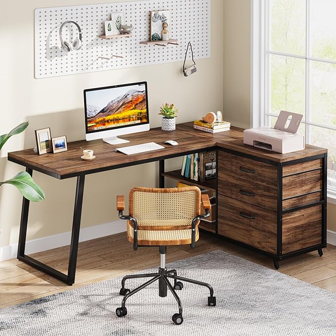 Tribesigns L-Shaped Computer Desk with 3 Drawers, Reversible Corner Home Office Desk with Shelves, 53-Inch Industrial PC Desk Study Writing Table Workstation for Small Space, Rustic Brown