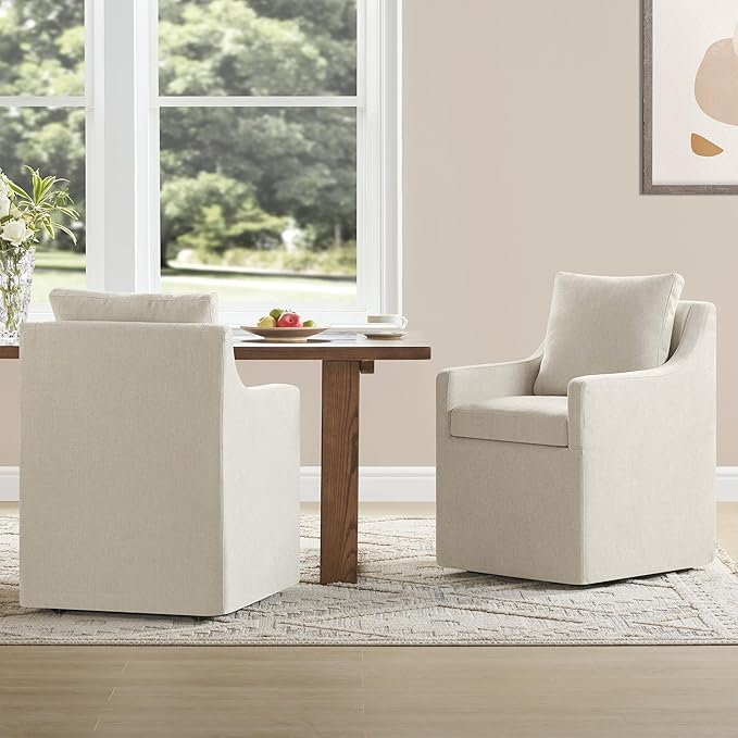 Upholstered Dining Chairs with Casters Washable Cover Side Deskchair with Rollers for Diningroom, Living Room, Cream Beige, 1 Box