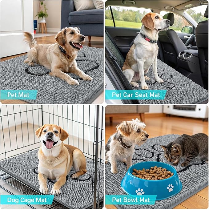 OLANLY Door Mat for Muddy Dog Paws 47x32, Ultra Absorbent Chenille Mud Doormat with Paw Print Design, Non-Slip Washable Doormat for Indoor Entryway, Quick-Dry Pet Bed Mats for Dirty Dogs, Grey