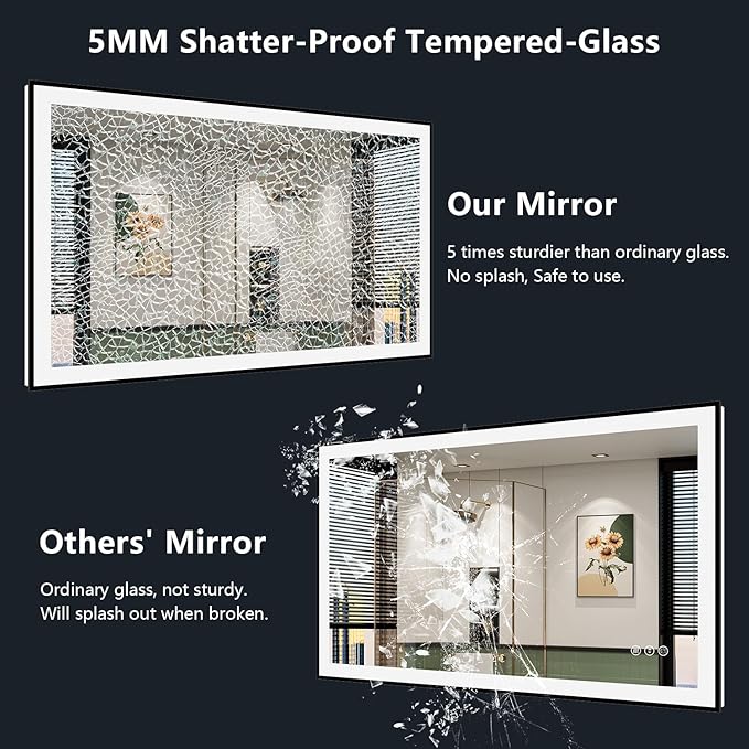 28x32 Inch LED Bathroom Mirror with Lights (Front Lit and Backlit) Black Framed Lighted Vanity Mirror for Bathroom Wall Dimmable Anti-Fog Memory Tempered Glass Horizontal/Vertical
