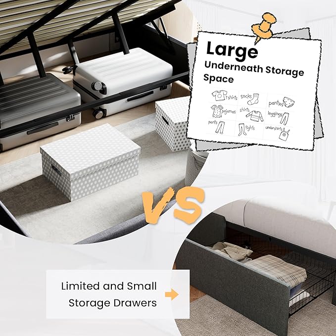 SHA CERLIN Queen Size Lift Up Storage Bed/Modern Wingback Headboard/Upholstered Platform Bed Frame/Hydraulic Storage/No Box Spring Needed/Wood Slats Support/Grey Blue