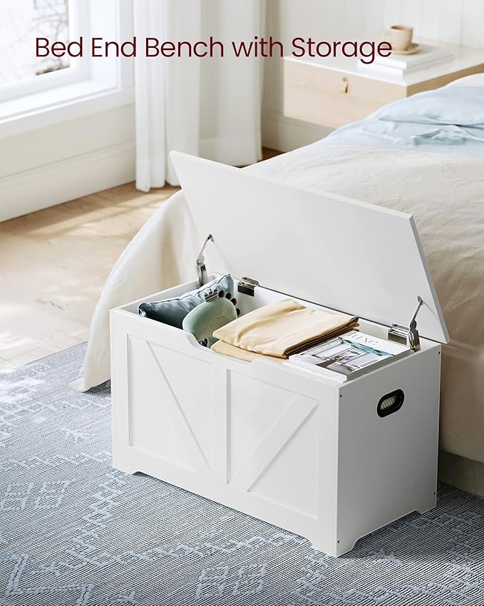 VASAGLE Storage Chest, Storage Trunk with 2 Safety Hinges, Storage Bench, Shoe Bench, Farmhouse Style, 15.7 x 31.5 x 18.1 Inches, for Entryway, Bedroom, Living Room, Cloud White ULSB062T14