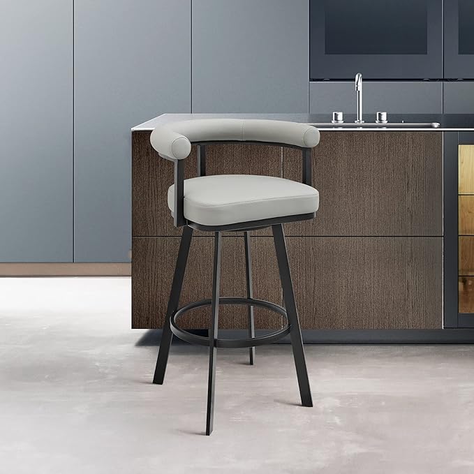 Armen Living Magnolia Swivel Bar Stool in Black Metal with Light Grey Faux Leather