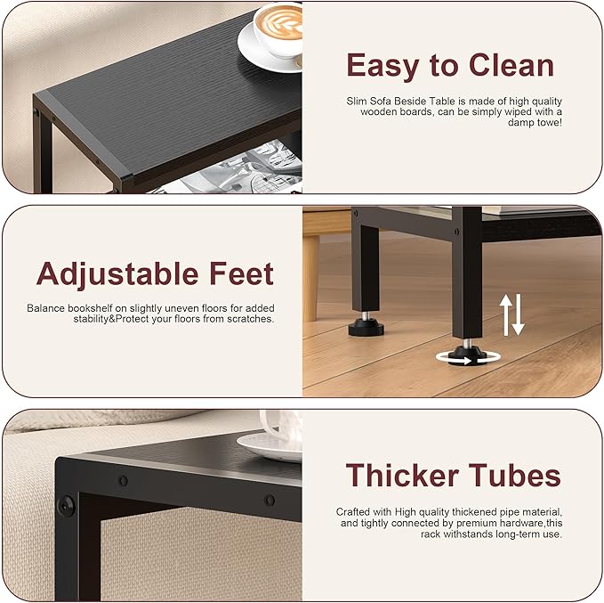 Narrow Side Table for Small Space Set of 2,3-Tier Small End Table with Shelf Holder, Slim Nightstand, Skinny Snack Couch Table in Living Room, Bedroom, Study, Kitchen and Balcony（Black
