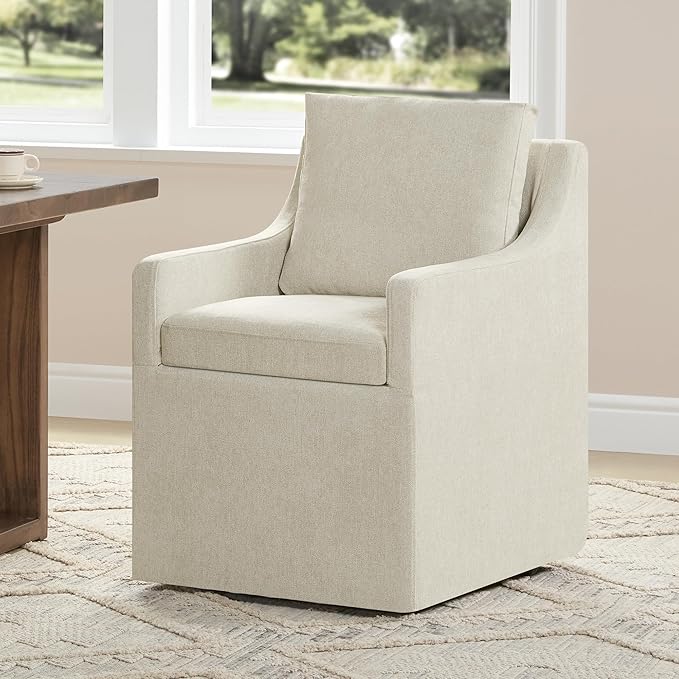 Upholstered Dining Chairs with Casters Washable Cover Side Deskchair with Rollers for Diningroom, Living Room, Cream Beige, 2 Box