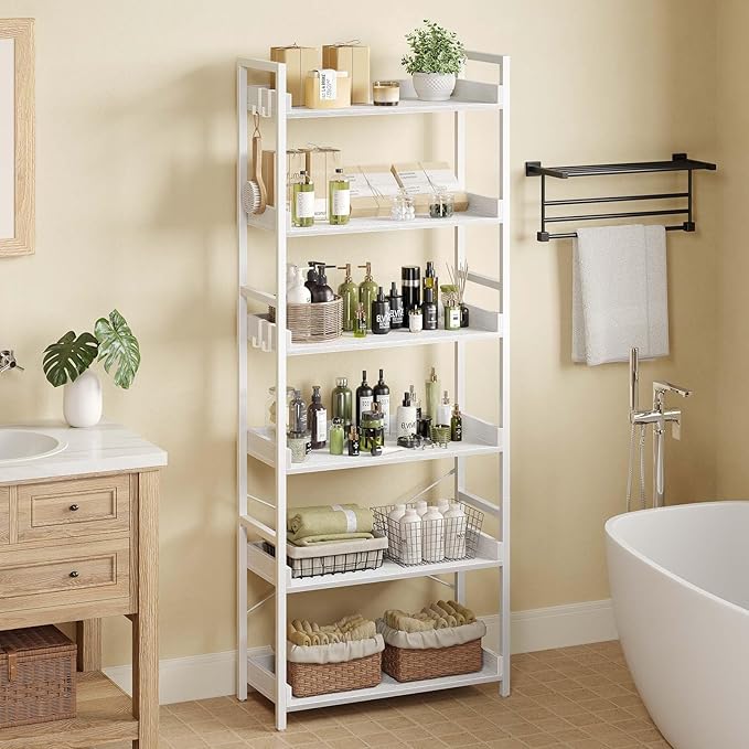 Rolanstar Bookshelf 6 Tier with 4 Hooks, Industrial Bookcase, Vintage Storage Rack with Open Shelves, Rustic Standing Bookshelves Metal Frame Display Rack for Living Room, Bedroom, White