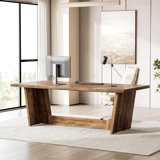 1Easylife 70.87 Inches Long Executive Desk, Brown Wooden Computer Desk, Industrial Simple Study Writing Table, Large Workstation Business Furniture for Home Office