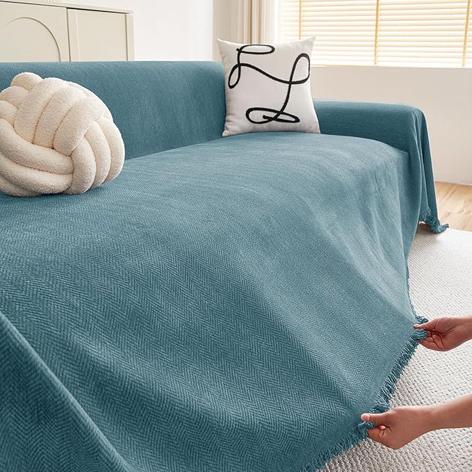 hyha Couch Cover for Dogs, Boho Sofa Covers for 3 Cushion Couch Washable, Chenille Sofa Slipcover for Pets, Soft Loveseat Sectional Couch Throw Blankets with Tassels (Blue, 71x150 Inch)