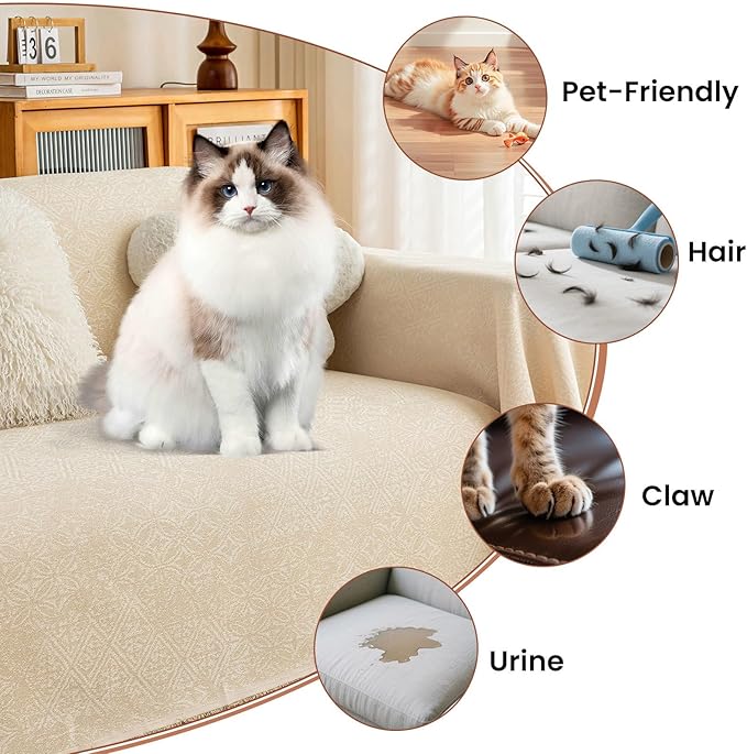 STACYPIK Thick Beige Jacquard Floral Couch Cover for Dogs, Washable Boho Couch Covers, Non Slip Couch Sofa Cover, Couch Cover 3 Cushion Sofa with Tassels, Furniture Protector for Living Room-71X134IN