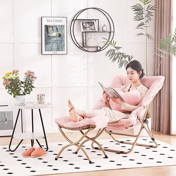 Comfy Saucer Chair with Ottoman, Oversized Folding Faux Fur Chair Soft Furry Lounge Lazy Chair with Metal Frame Moon Chair Accent Chair for Bedroom, Living Room, Dorm Rooms