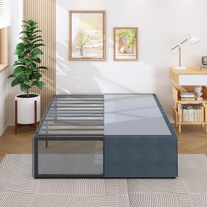 18 Inch Queen Bed Frame with Cover Skirt, Heavy Duty Steel Slat Support Metal Platform Bed Frame Queen Size No Box Spring Needed, Easy Assembly, Black and Blue