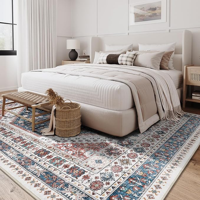 zesthome 9x12 Area Rugs,Stain Resistant Washable Rug,Ultra-Thin Rugs for Living Room,Bedroom,Non-Slip Backing Home Decor Large Area Rug (Navy Blue/Red,9'x12')