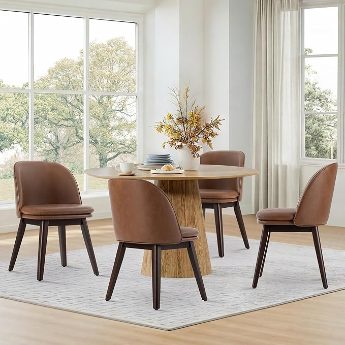 Wooden Dining Chairs Set of 4, Faux Leather Upholstered Modern Dining Room Chairs with Double-Layer Thick Seat Cushion & Ergonomic Backrest for Restaurant, Kitchen and Café, Brown, 2 Boxs