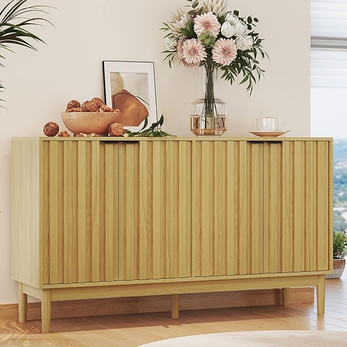 Buffet Cabinet with Storage, Sideboard Cabinet with Fluted Door, Kitchen Buffet Storage Cabinets with Adjustable Shelves, Sideboard Cabinets for Living Room, Entry, Hallway, Natural