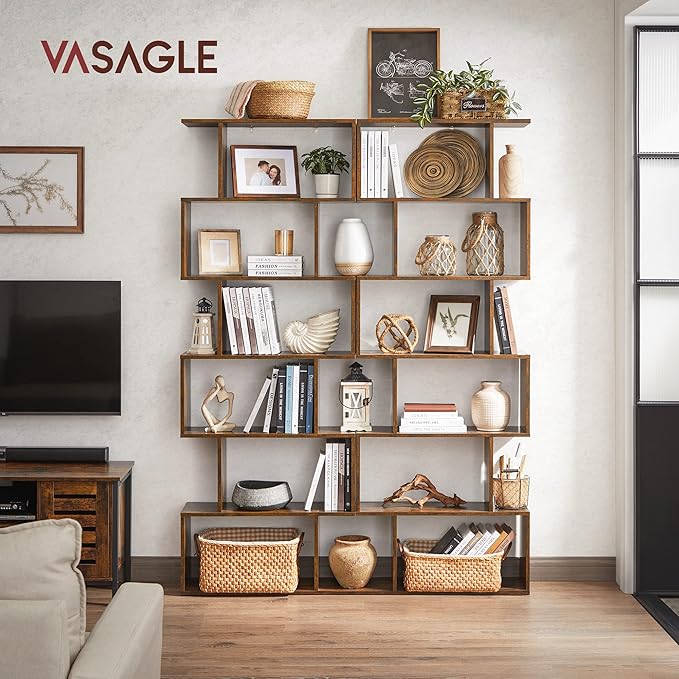 VASAGLE 6-Tier Bookshelf, Tall Display Shelf, Freestanding Storage Shelf, Rustic Brown ULBC61BX Coat Rack, Hall Tree with Shoe Bench for Entryway, Rustic Brown and Black UHSR40B