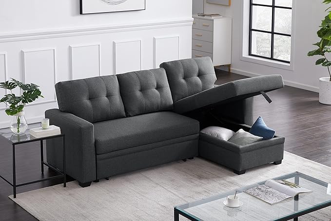 Devion Furniture Philly 4-in-1 Convertible L Shaped Couch with Pull Out Bed and Storage, Sectional Sleeper Sofa with Reversible Chaise for Living Room, Apartment, Bedroom, Office