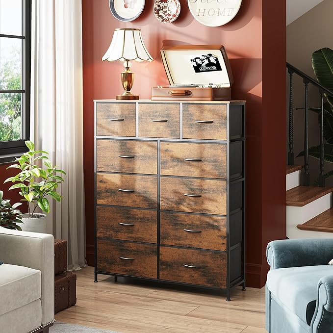 WLIVE Storage Organizer Unit with 11 Fabric Bins, Storage Drawers Organizer with Steel Frame, Tall Storage Tower Organizaton for Living Room, Hallway, Office, Rustic Brown