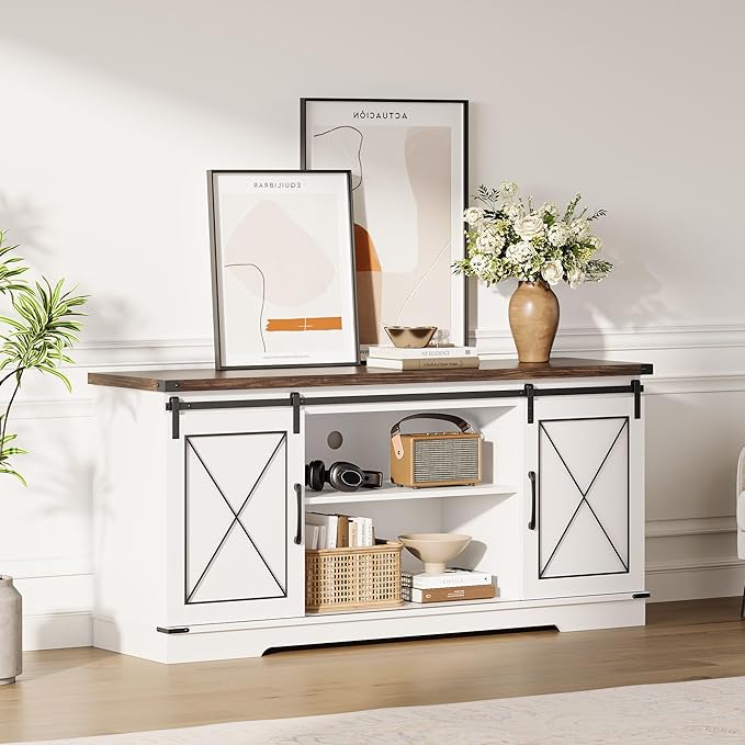 CABIHOME Farmhouse TV Stand and Entertainment Center for TV Up to 65 Inches with Sliding Barn Doors, TV Media Storage Console Table and Furniture for Living Room, Bedroom, White & Brown