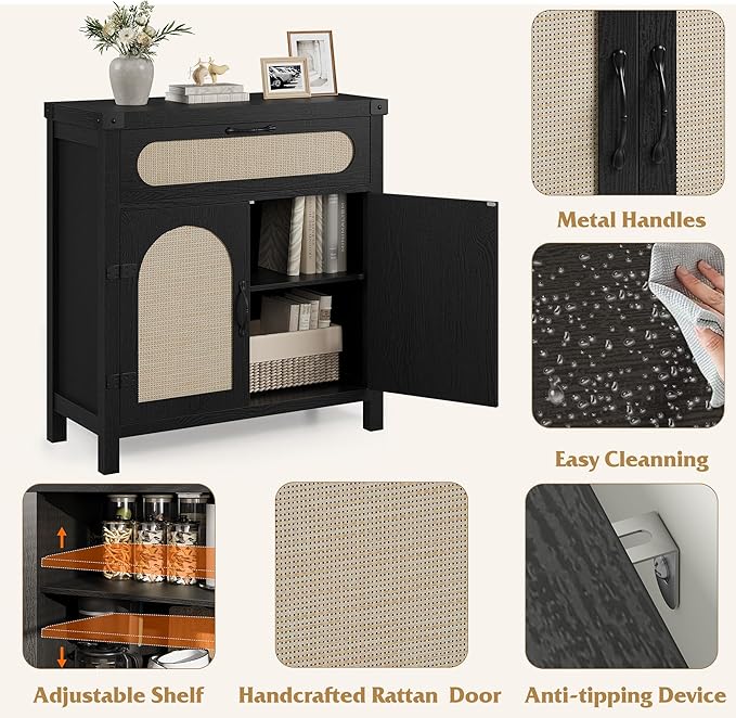 IDEALHOUSE Rattan Cabinet with Drawer, Sideboard with Synthetic Rattan-Accent Doors, Adjustable Shelves, Buffet Cabinet for Living Room Dining Room, Black