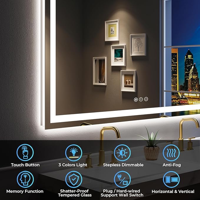 55x30 Inch LED Bathroom Mirror with Lights Front and Backlit Lighted Vanity Mirror for Bathroom Wall with 3 Colors Dimmable Anti-Fog Memory Shatter-Proof IP54 Waterproof Horizontal/Vertical