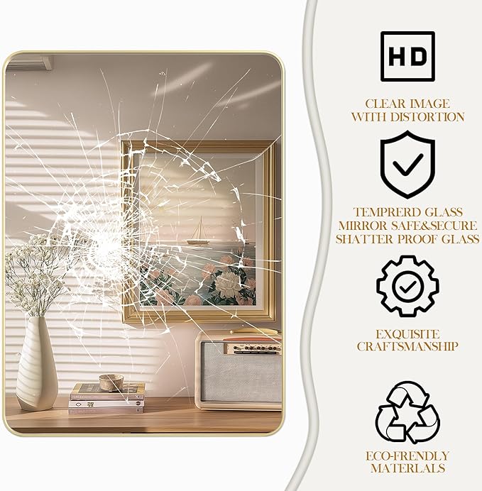 55×30 Gold Bathroom Mirror, Rectangular Bathroom Vanity Mirror for Wall with Rounded Corners & Aluminum Alloy Frame, Tempered-Glass, Modern, Farmhouse, Horizontal/Vertical, Entryway, Bedroom