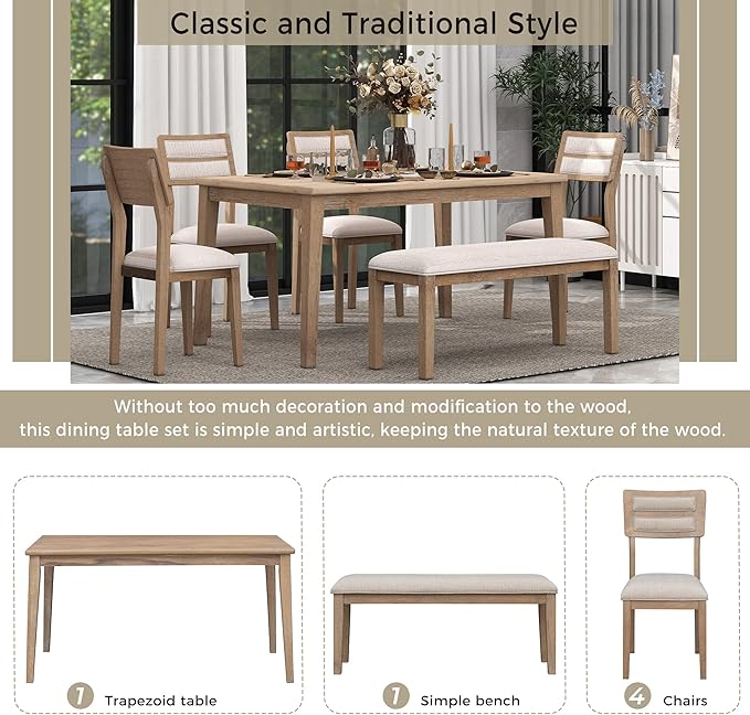 6 Pieces Dining Table Set with 60" Rectangle Kitchen Desk,Wooden Living Room Furniture W/ 4 Upholstered Chairs & 1 Bench,for Restaurant,Home Bistro,Natural Wood Wash