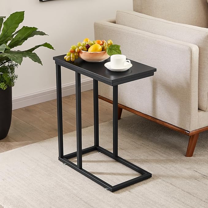 VECELO C Shaped End Side Table for Sofa Couch and Bed Snack TV Tray for Living Room Bedroom, 2 Set, Black