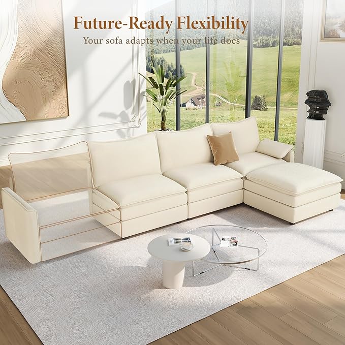 Vesgantti 108" Modular Sectional Sofa, Comfy Cloud Couch with Movable Ottoman Deep Seat Chenille L Shaped Modular Sofa, Sectional Couches for Living Room, Bedroom and Apartment, Beige