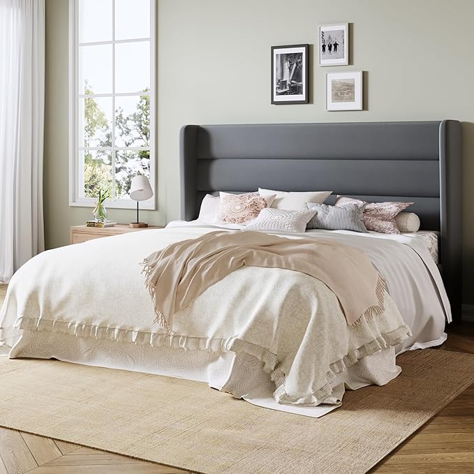 Allewie King Size Platform Bed Frame with Velvet Upholstered Wingback Headboard, No Box Spring Needed, Under Bed Storage Space, Strong Wooden Slats, Modern Mattress Foundation, Easy Assembly, Grey