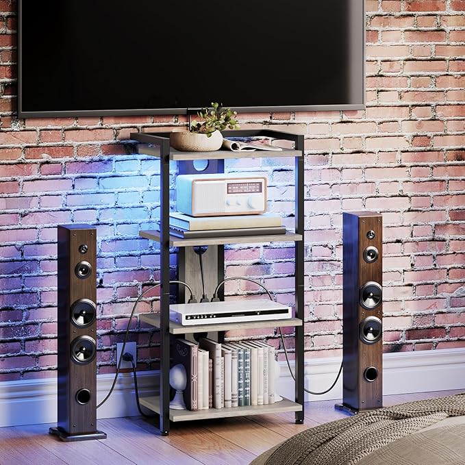 HOOBRO 4-Tier AV Media Stand, Media Console with Charging Station and LED Light, Wooden Stereo Cabinet, Corner TV Stand, Record Player, Entertainment Device Stand, BG38UDCJ01