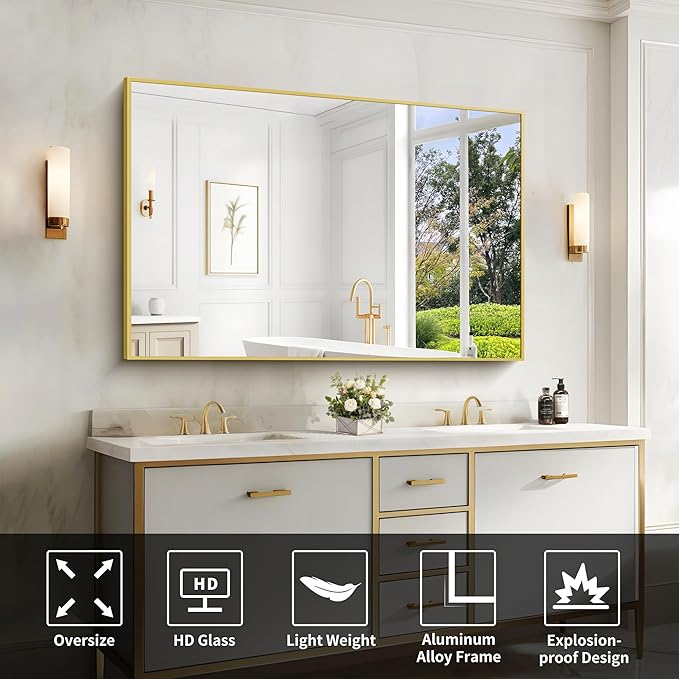 Gold Bathroom Mirror for Wall, 60x36 Inch Rectangle Mirrors with Metal Frame, Modern Vanity Wall Mirror Decor for Bathroom Living Room, Entryway Hangs Horizontal or Vertical