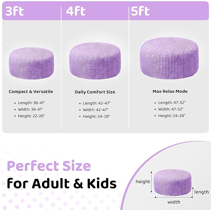 HABUTWAY 3FT Bean Bag Chair, 3' Large Bean Bag Chairs for Adults with Removable Stripe Plush Cover, Memory Foam Beanbag Chair for Living Room Bedroom Dorm (Purple)